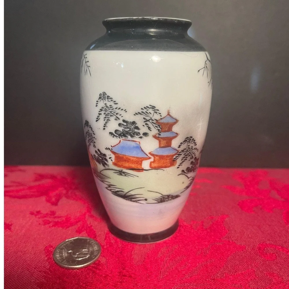 Vintage Japanese Hand Painted Porcelain Vase Pagoda and Bridge and Mountains